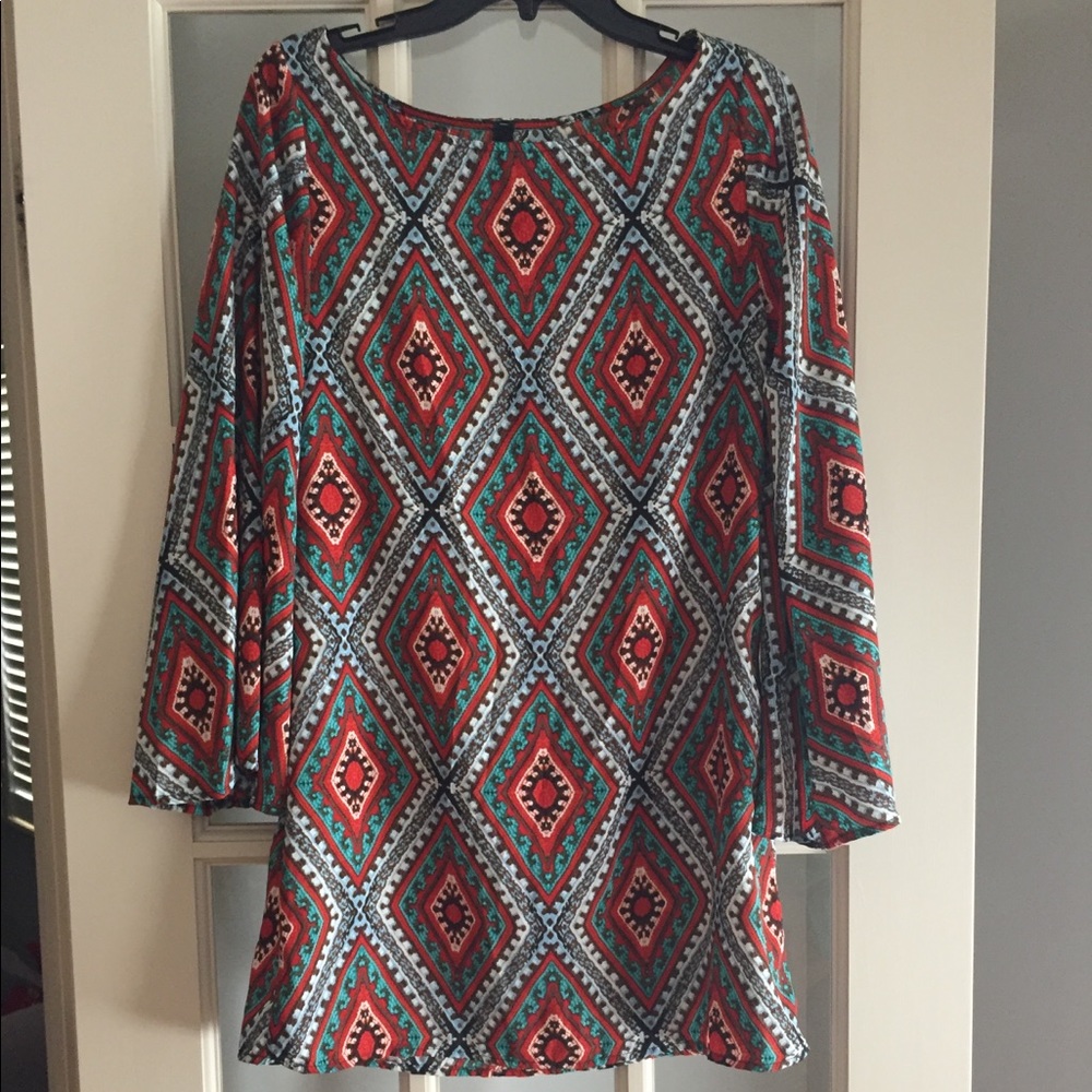 Boutique printed tunic dress with bell sleeves